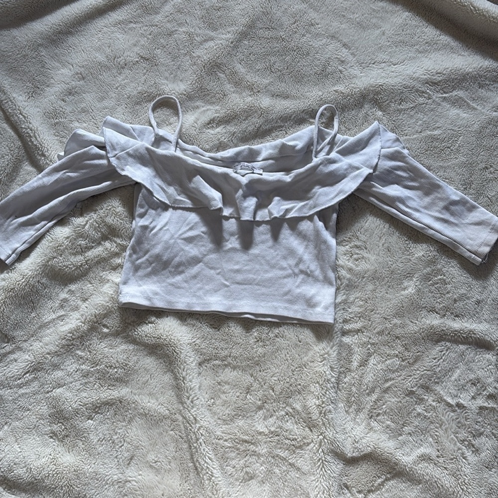ZARA White Off Shoulder Ribbed Crop Top | Spaghetti Strap Size Small - Picture 4 of 6
